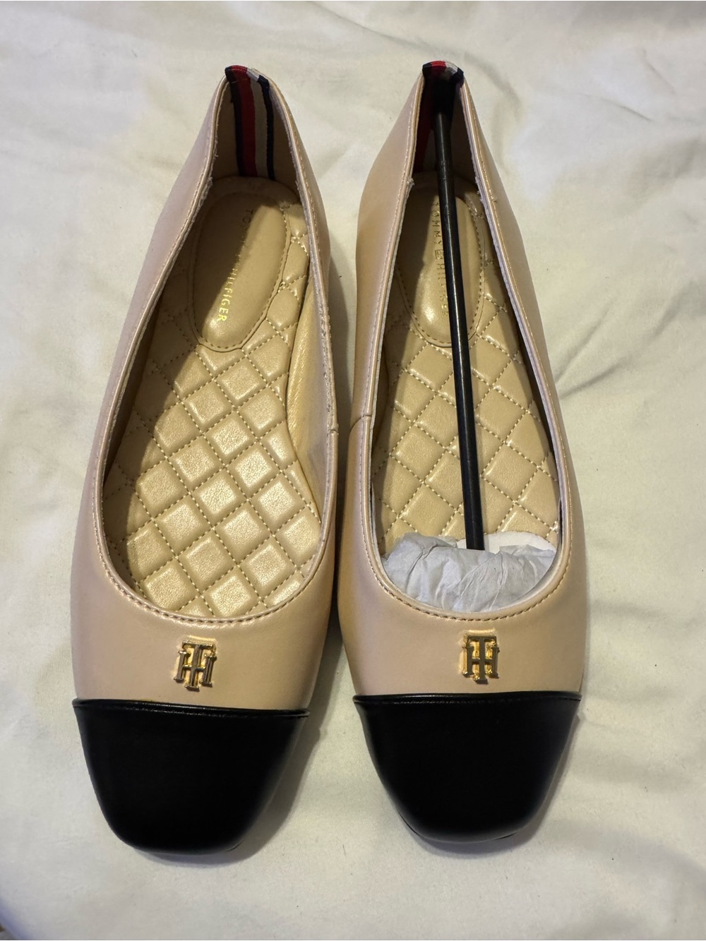 Tommy Hilfiger Beige and Black Quilted Cap-Toe Flats